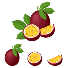 Set of fresh whole, half, cut slice passion fruits isolated on white background. Summer fruits for healthy lifestyle. Organic fruit. Cartoon style. Vector illustration for any design.