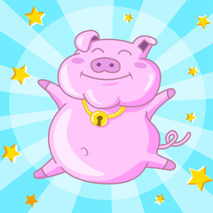 Happy pink pig Fat pig wearing bright golden bell on bright background and gold star.