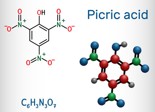 Picric acid ( 2,4,6-trinitrophenol, TNP, C6H3N3O7) molecule. It has a role as an explosive, an antiseptic drug. Structural chemical formula and molecule model