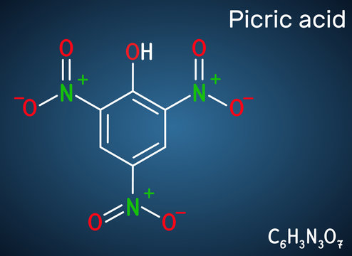 Picric acid ( 2,4,6-trinitrophenol, TNP, C6H3N3O7) molecule. It has a role as an explosive, an antiseptic drug. Structural chemical formula on the dark blue background