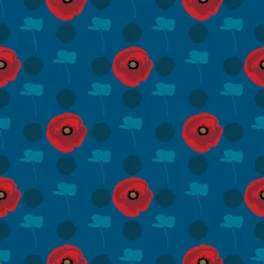 Behang Klaprozen Helder papavers naadloos patroonontwerp op blauwe achtergrond met silhouetten