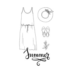 Hand drawn Illustration of summer outfit and lettering "Summer".Vector doodle line graphic.