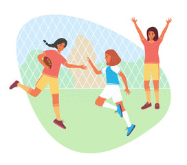 Women rugby competition, championship or training concept - three flat cartoon girl playing in school sport field. Vector stock illustration isolated on white background.