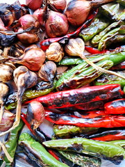 Green red chilies, onions, garlic and burn to prepare chili paste. Natural food ingredients.;