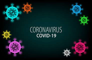 The background image is black and green, with a variety of glowing spherical germs called coronavirus and with the words COVID-19.