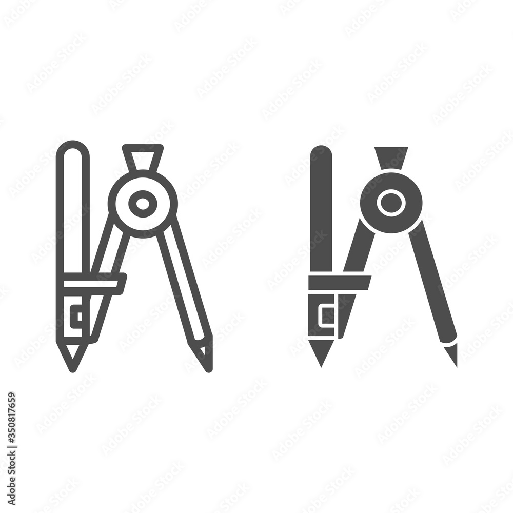 Poster drawing compass line and solid icon, school or engineering stationery concept, divider tool sign on 