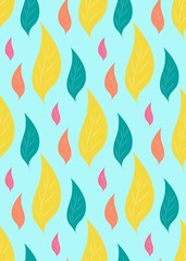 Seamless pattern of colorful abstract leaves on blue background. Template of fabric textile, print for clothes, bag, t-shirt, wrapping, wallpaper