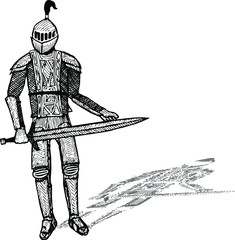 drawn ink knight standing with a sword. Engraving black and white etching vector illustration. Hatching elite medieval soldier