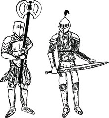 Set of two ink drawn knights. Thin line medieval illustration. Engraving etching vector art.