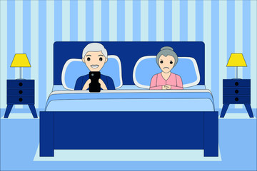 senior couple in the bed, man watching phone and woman is angry