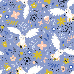 Floral seamless pattern with owl