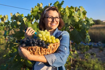 Portrait of happy woman with basket of grapes