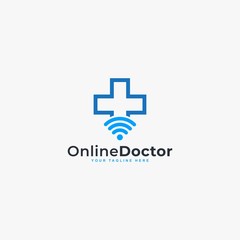 Obraz premium Doctor online virtual services logo design vector. Consultation to doctors via digital remote illustration symbol. Telemedicine service vector logo.