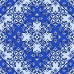Azulejos ceramic tile design. Talavera tracery motif. Unique creative endless fill swatch. Portuguese, Spanish, Mexican, Brazilian folklore ornament. Ethnic style vector hand drawn seamless pattern.
