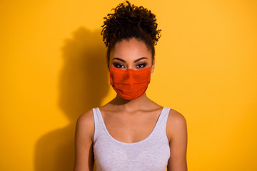 Close up photo beautiful amazing funny she her dark skin lady protect from covid-19 infection stay...