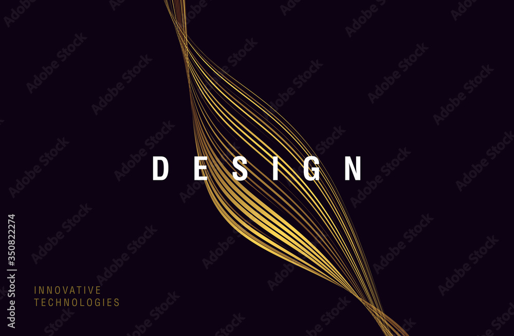 Poster abstract golden curve of lines texture forming fluid shape on dark background with design copy