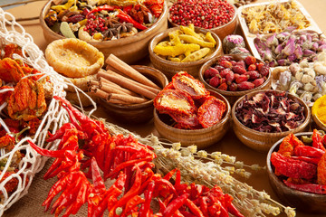 Various dried medicinal herbs. Natural Herbal Medicine Selection.