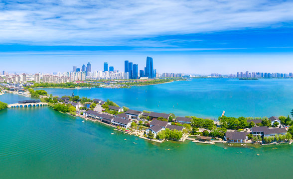 Aerial photos of ligongdi, Jinji Lake scenic spot, Suzhou City, Jiangsu Province, China