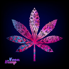 Cannabis leaf decorated with original modern pattern. Element for design. Vector illustration In decorative style. Ethnic patterned ornate hand drawn in neon colors