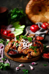Chicken Tabaka.traditional Georgian dish .selective focus