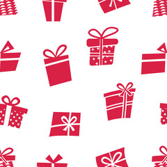 Vector Seamless pattern with gifts. Many red gift boxes different shapes on white background. can be used for cards for Christmas or birthday.