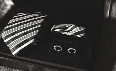 Mens set with tie and cufflinks , suit details of modern man lifestyle