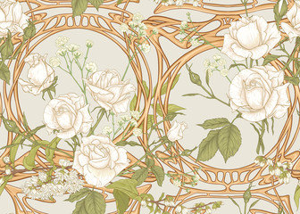 Vintage roses in a decorative imitation of a wicker basket made of twigs seamless pattern, background in art nouveau style, old, retro style. Colored vector illustration © Elen  Lane