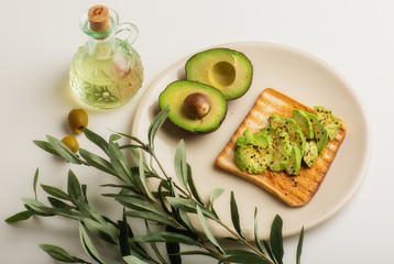 Healthy diet. Sandwich with sliced avocado, salt and pepper, on toasted bread for a healthy Breakfast or snack, copy the space.Food ration.