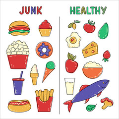 Healthy and junk / unhealthy food. Fish, cottage cheese, milk, fruits and vegetables vs popcorn, sweets and burgers. Fastfood vs balanced menu comparison isolated vector. Healthy lifestyle concept