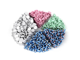medical pills in the form of sections of a pie chart Dietary supplement concept 3d render on white