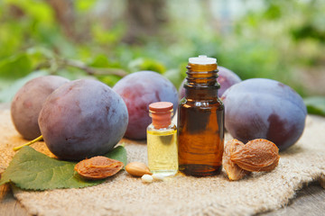 Plum bone's kernels essential oil with ripe plums on canvas background