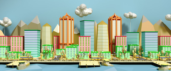 yellow toy low poly city 3d render on blue