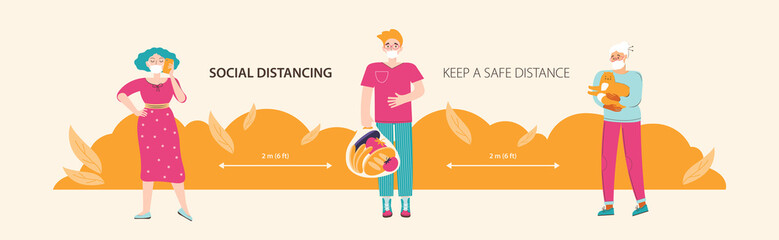 Social Distancing. People in medical masks keep 2 meter safe distance. Prevention of infectious risk and disease virus Covid-19. Health protection. Protect from viruses. Vector flat illustration.