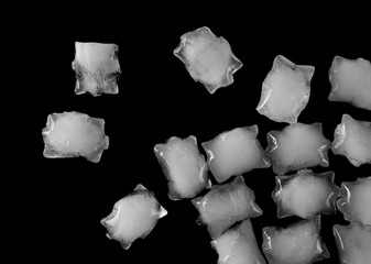 Ice cubes isolated on black background, top view