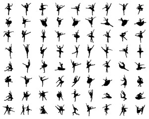 Black silhouettes of ballerinas  on a white background