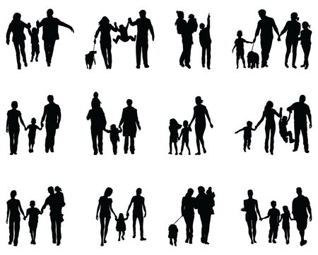 Black silhouettes of families in walk on a white background