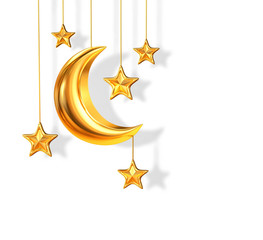 Golden crescent moon and stars isolated on white. Clipping path included