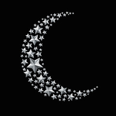 Silver stars in the shape of a crescent moon isolated on black - obrazy, fototapety, plakaty