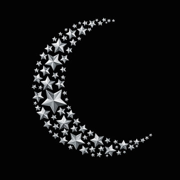 Silver stars in the shape of a crescent moon isolated on black