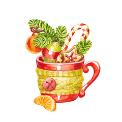 Red Cup in a scarf with a slice of tangerine and Christmas decorations, a fir branch, Christmas balls and gingerbread.