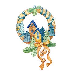 Christmas decorative beige, blue, turquoise wreath with Christmas trees, houses and balls, decorated with a bow and balls.