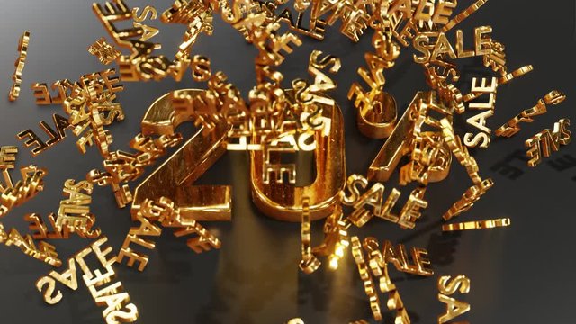 Gold lettering SALE falls and bounces off the lettering 20%, twenty percent. Realistic 3D 4K animation.