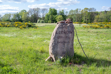 Memorial stone for the abandoned village of Lankow in Mecklenburg, which was geschleift, meaning...