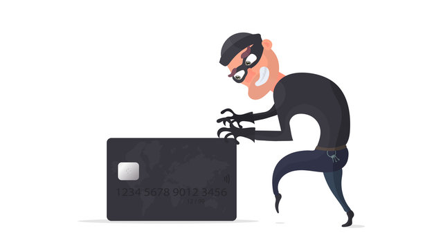 The robber steals a bank card. The thief is trying to steal a bank card. Good for the topic of security, robbery, scam and fraud. Isolated. Vector.