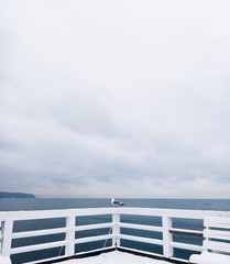 View of the sea from the pier with gull at cloudly weather