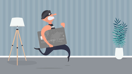 The robber runs away with a credit card. The criminal is running with a bank card. Cartoon style illustration. Good for security, robbery and fraud topics. Vector.