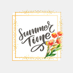 Green summer time letter flowers in modern style on colorful background. Greeting invitation vector illustration. Floral bouquet decoration. Decoration element.