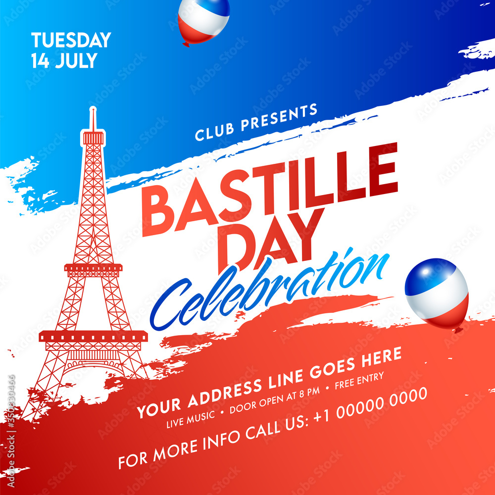 Sticker Bastille Day Celebration Invitation, Poster or Flyer Design with Event Details on France Flag Color Brush Stroke Background.