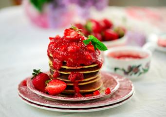 Pancakes with  strawberry chia sauce