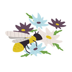 Wasp on flowers. Hand drawn bee fly. Cute yellow wasp. Spring insect. Sweet summer floral concept with honey bee. Flying bumblebee. Petal romantic decoration. Plant, animal cartoon vector illustration